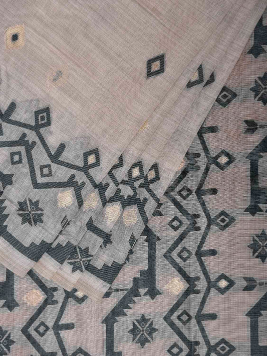 White and Green Dhakai Jamdani Cotton Viscose Saree with Geometric Border and Pallu Design dj0207