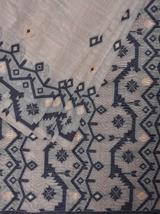 White and Dark Blue Dhakai Jamdani Cotton Viscose Saree with Geometric Border and Pallu Design dj0208