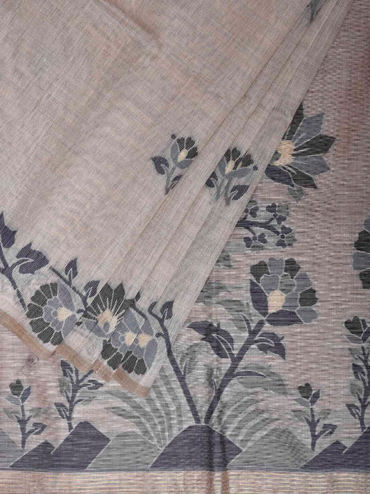 Light Khaki Dhakai Jamdani Cotton Viscose Saree with Floral Border and Pallu Design dj0209