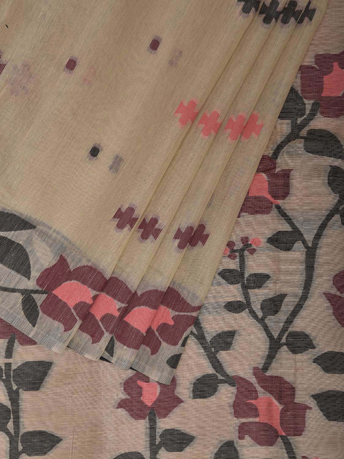 Cream Dhakai Jamdani Cotton Viscose Saree with Floral Border and Pallu Design dj0210