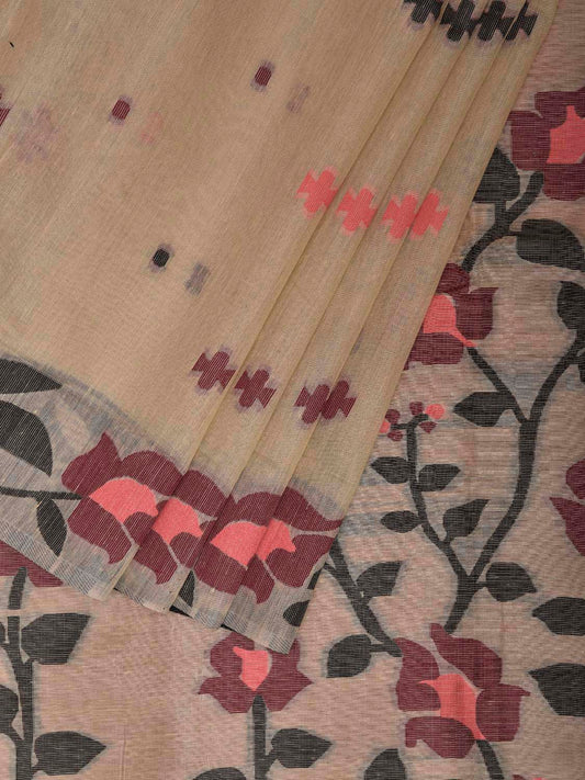 Cream Dhakai Jamdani Cotton Viscose Saree with Floral Border and Pallu Design dj0210