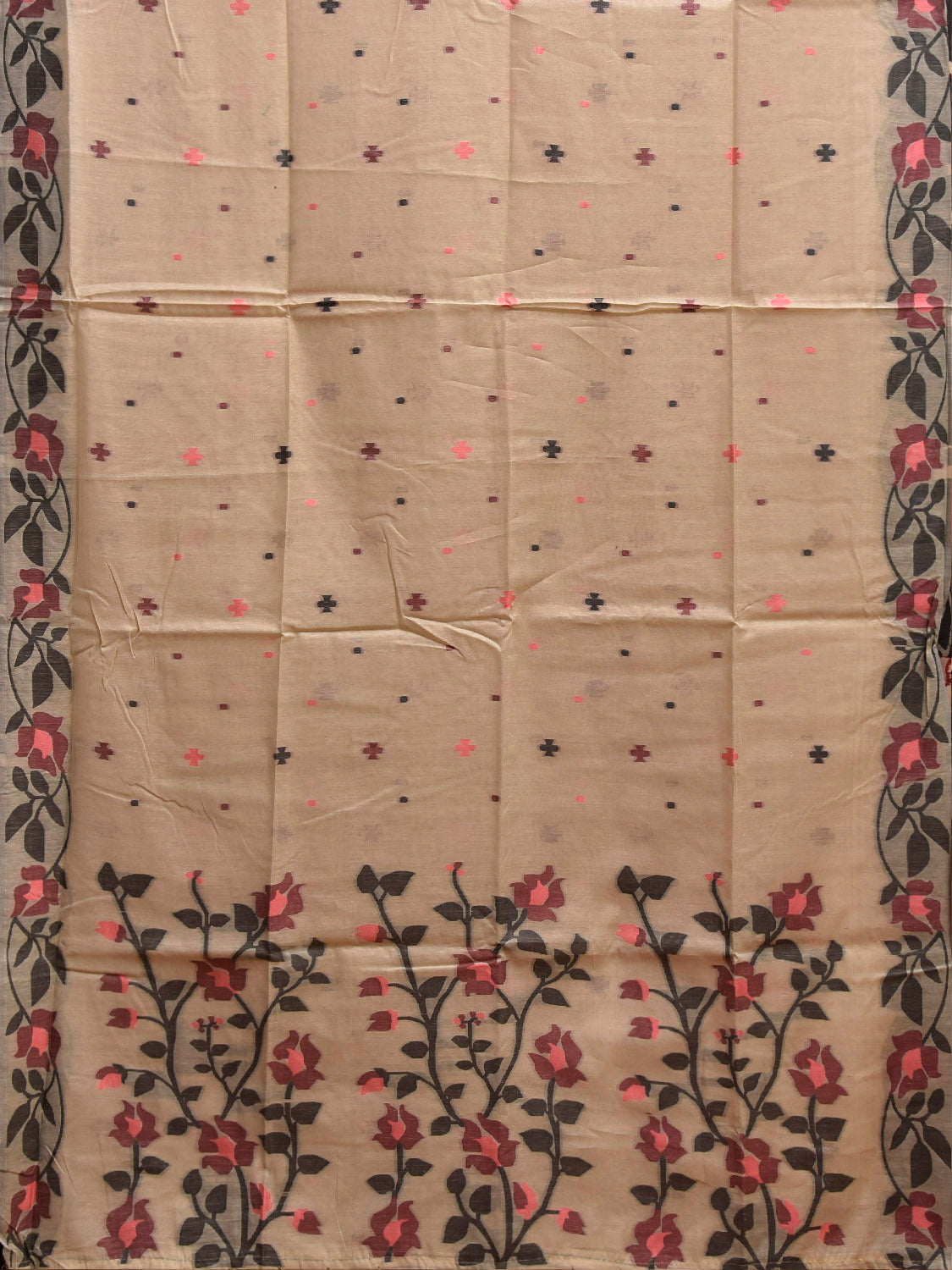 Cream Dhakai Jamdani Cotton Viscose Saree with Floral Border and Pallu Design dj0210