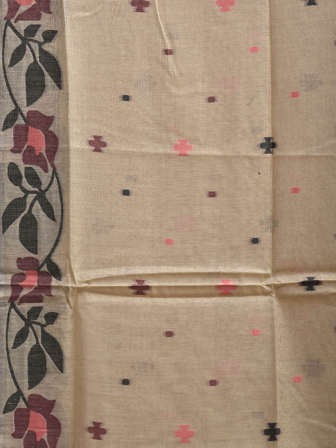 Cream Dhakai Jamdani Cotton Viscose Saree with Floral Border and Pallu Design dj0210