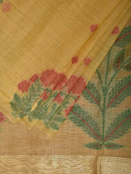 Yellow Dhakai Jamdani Cotton Viscose Saree with Floral Border and Pallu Design dj0211