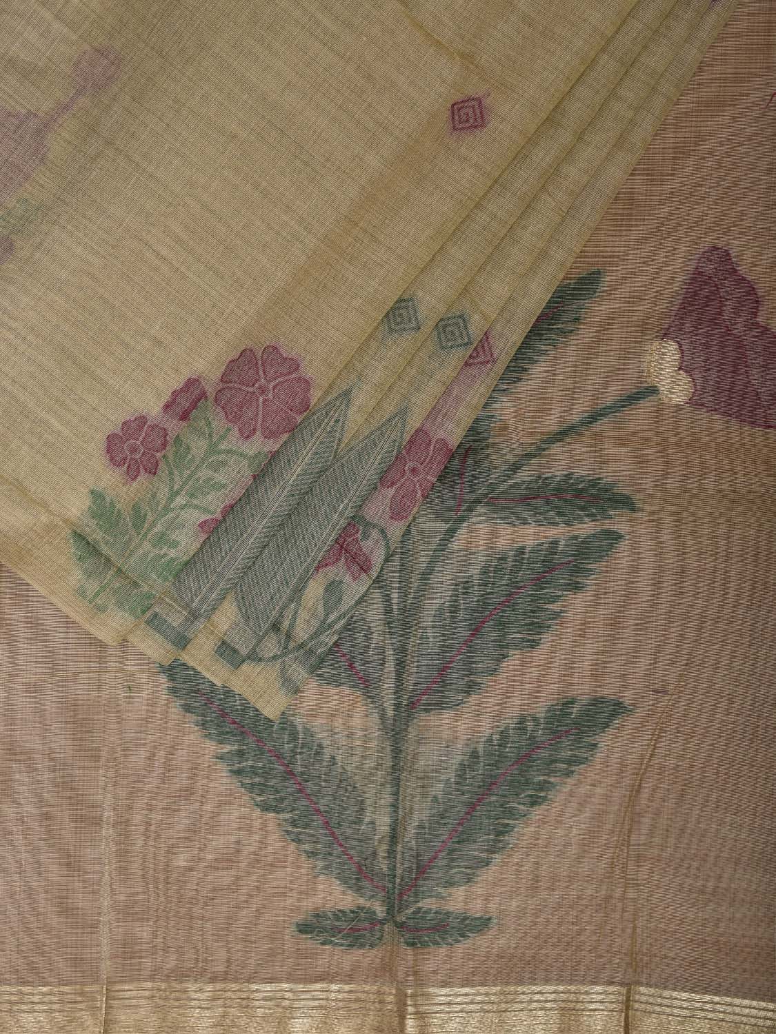 Cream Dhakai Jamdani Cotton Viscose Saree with Floral Border and Pallu Design dj0212