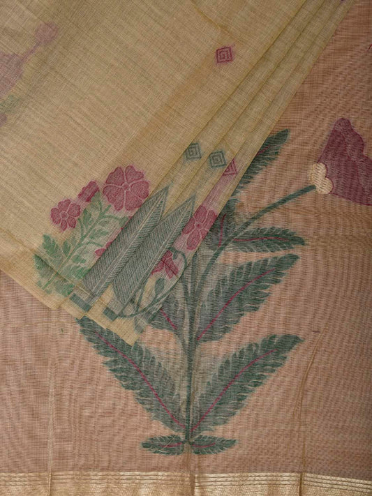 Cream Dhakai Jamdani Cotton Viscose Saree with Floral Border and Pallu Design dj0212