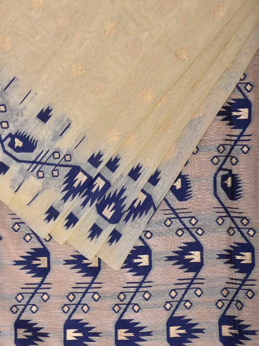 White and Blue Dhakai Jamdani Cotton Viscose Saree with Zig-Zag Border and Pallu Design dj0213
