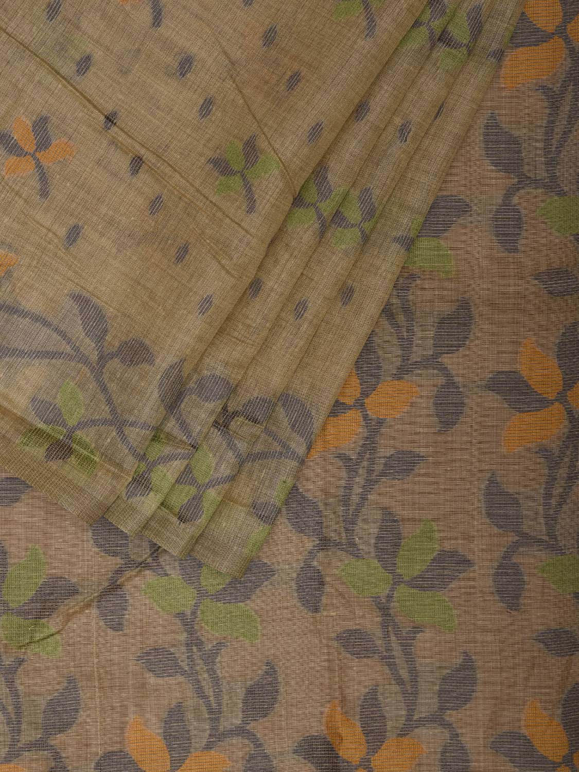Light Fawn Dhakai Jamdani Cotton Viscose Saree with Floral Border and Pallu Design dj0215
