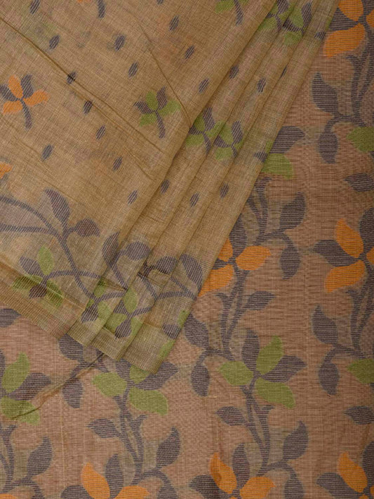Light Fawn Dhakai Jamdani Cotton Viscose Saree with Floral Border and Pallu Design dj0215