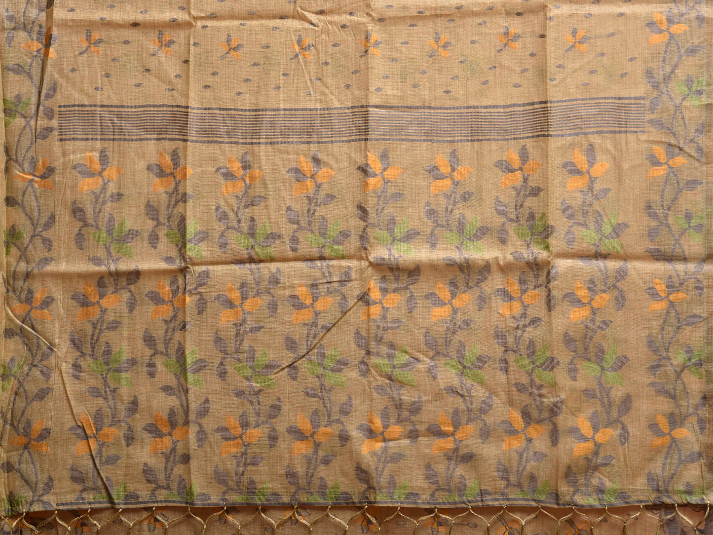 Light Fawn Dhakai Jamdani Cotton Viscose Saree with Floral Border and Pallu Design dj0215