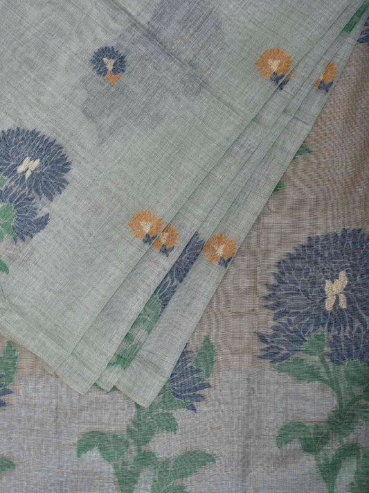 Light Turquoise Dhakai Jamdani Cotton Viscose Saree with Floral Body Buta and Pallu Design dj0216