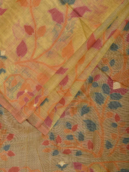 Yellow Dhakai Jamdani Cotton Viscose Saree with Floral Border and Pallu Design dj0218