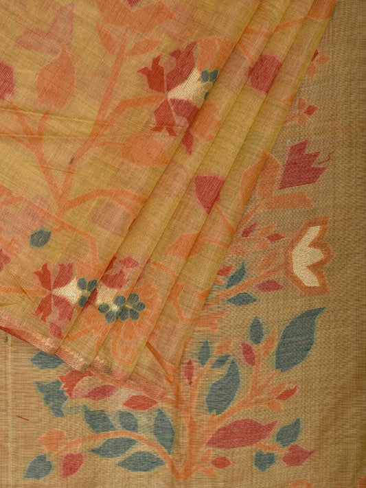 Yellow Dhakai Jamdani Cotton Viscose Saree with Floral Border and Pallu Design dj0220