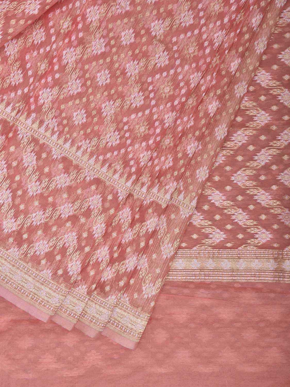 Peach Dhakai Jamdani Cotton Viscose Saree with All Over Zig-Zag Design dj0222