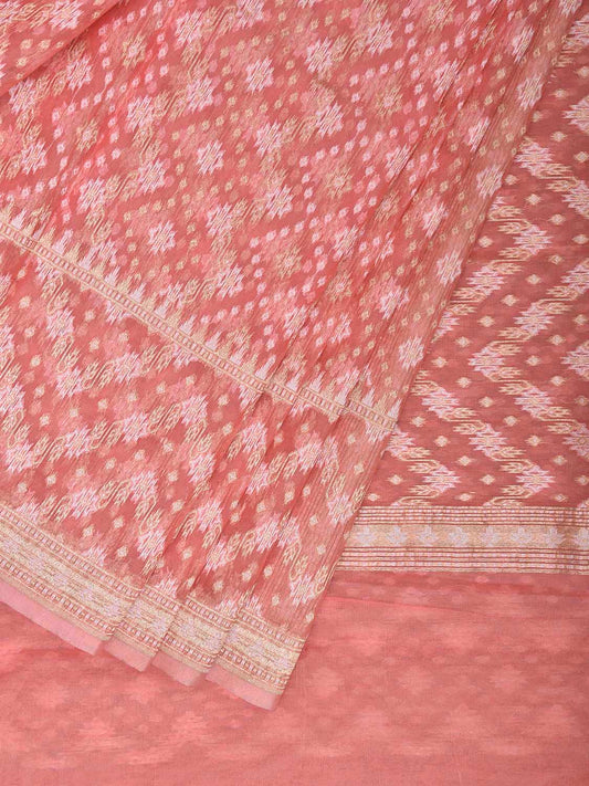 Peach Dhakai Jamdani Cotton Viscose Saree with All Over Zig-Zag Design dj0222