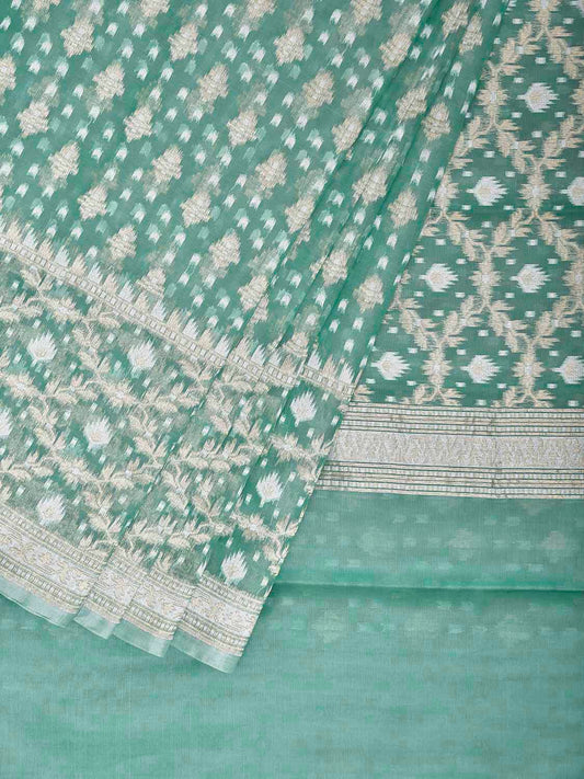 Green Dhakai Jamdani Cotton Viscose Saree with All Over and Border Design dj0225