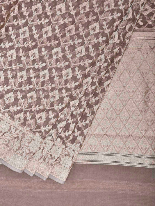 Light Brown Dhakai Jamdani Cotton Viscose Saree with All Over Grill Design dj0226