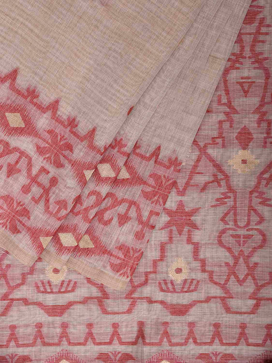 Beige and Red Dhakai Jamdani Cotton Viscose Saree with Geometric Border and Pallu Design dj0228