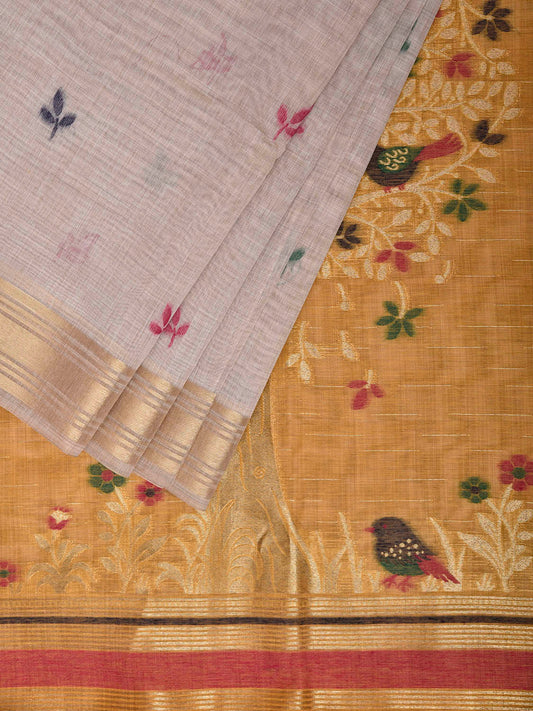 Beige and Yellow Dhakai Jamdani Cotton Viscose Saree with Birds and Tree Pallu Design dj0229