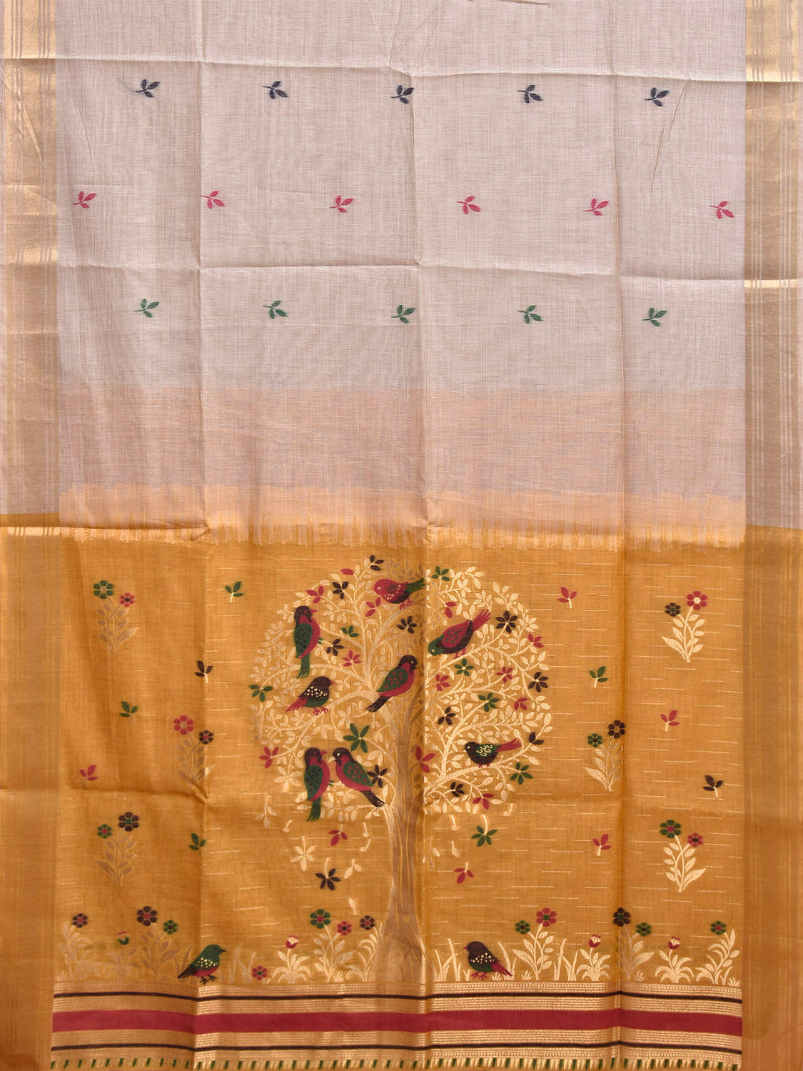 Beige and Yellow Dhakai Jamdani Cotton Viscose Saree with Birds and Tree Pallu Design dj0229