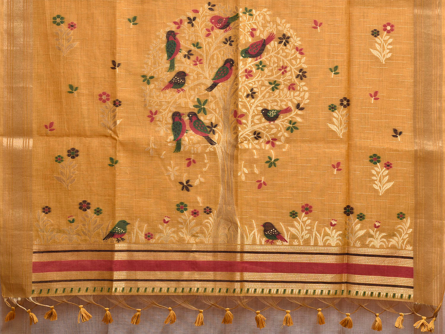 Beige and Yellow Dhakai Jamdani Cotton Viscose Saree with Birds and Tree Pallu Design dj0229