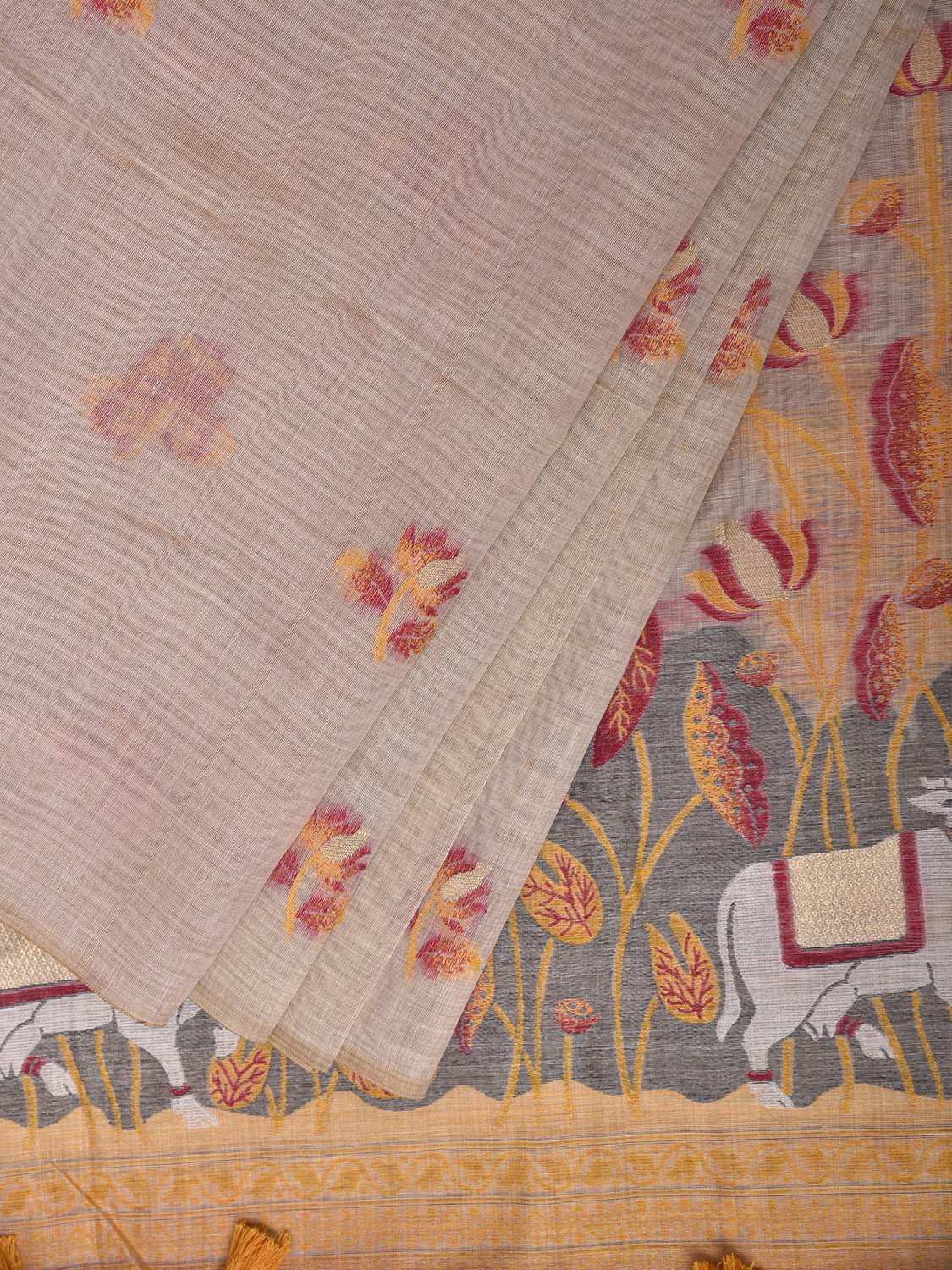 Beige and Yellow Dhakai Jamdani Cotton Viscose Saree with Buta and Cows Pallu Design dj0230