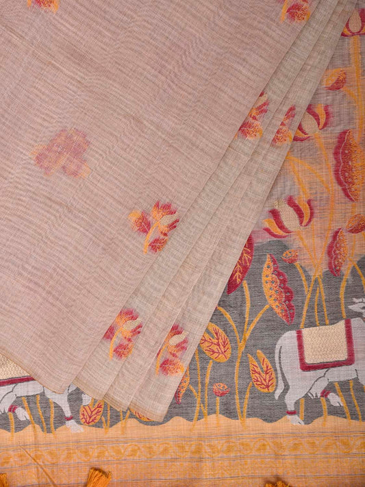 Beige and Yellow Dhakai Jamdani Cotton Viscose Saree with Buta and Cows Pallu Design dj0230
