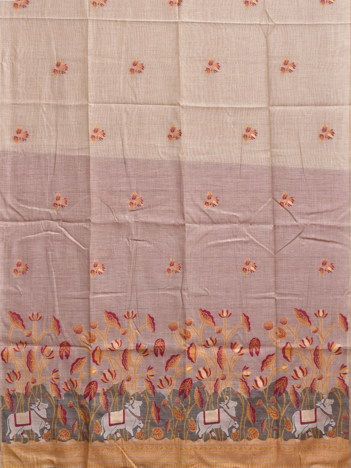 Beige and Yellow Dhakai Jamdani Cotton Viscose Saree with Buta and Cows Pallu Design dj0230