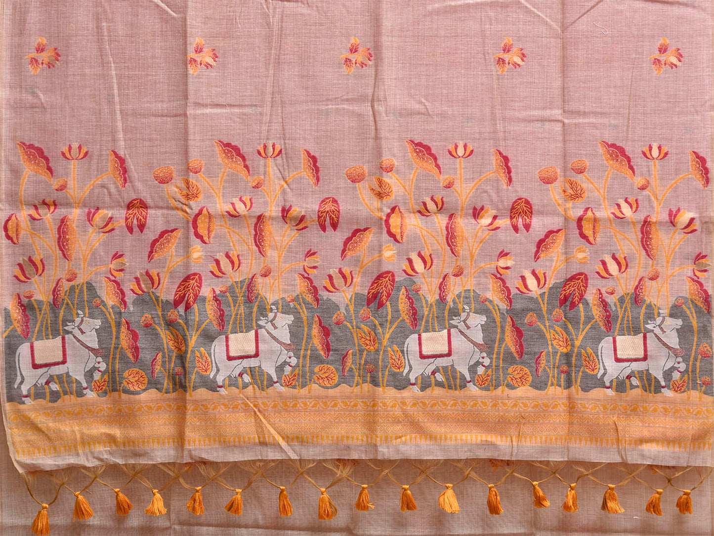 Beige and Yellow Dhakai Jamdani Cotton Viscose Saree with Buta and Cows Pallu Design dj0230