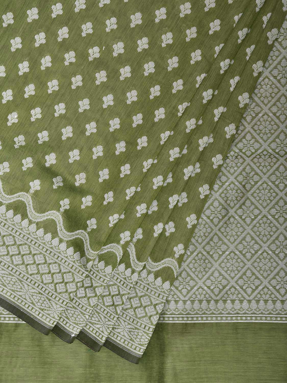 Olive Dhakai Jamdani Cotton Viscose Saree with Small Buta and Pallu Design dj0232