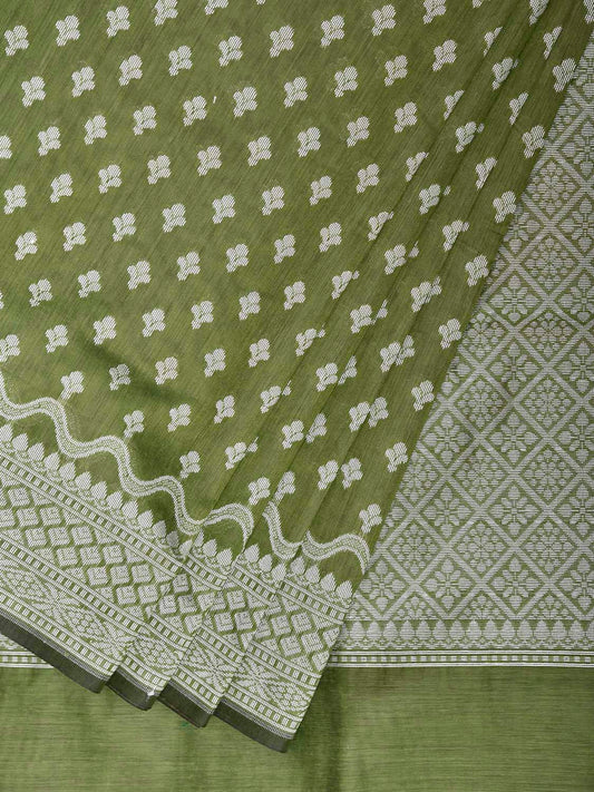 Olive Dhakai Jamdani Cotton Viscose Saree with Small Buta and Pallu Design dj0232