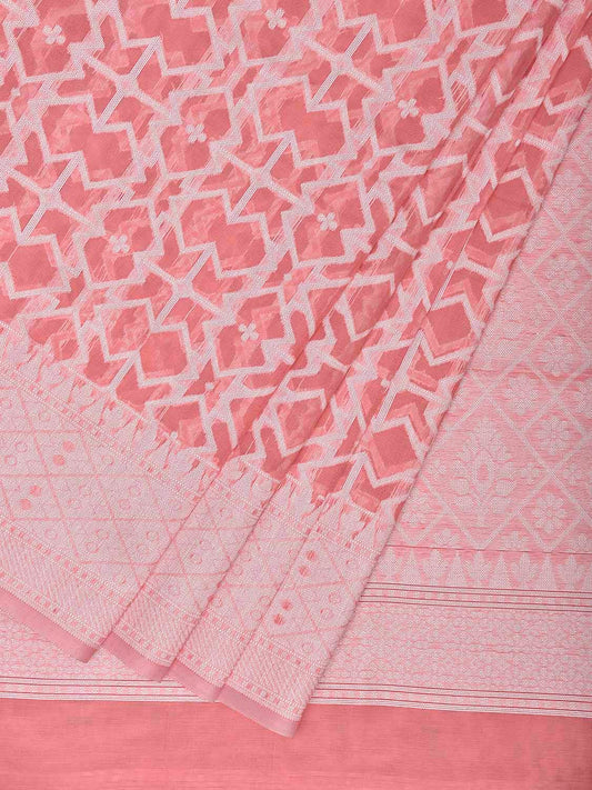 Peach Dhakai Jamdani Cotton Viscose Saree with Geometric and Pallu Design dj0237