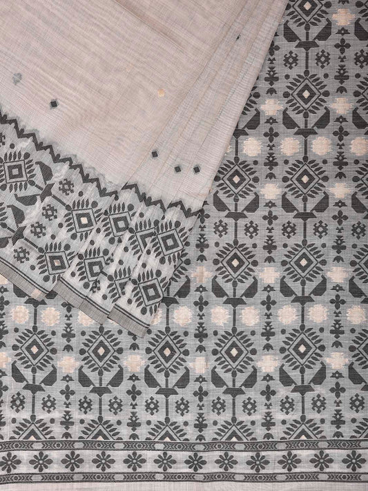 White and Grey Dhakai Jamdani Cotton Viscose Saree with Border and Pallu Design dj0242