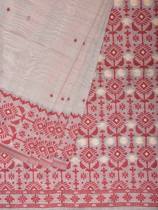 White and Red Dhakai Jamdani Cotton Viscose Saree with Border and Pallu Design dj0243
