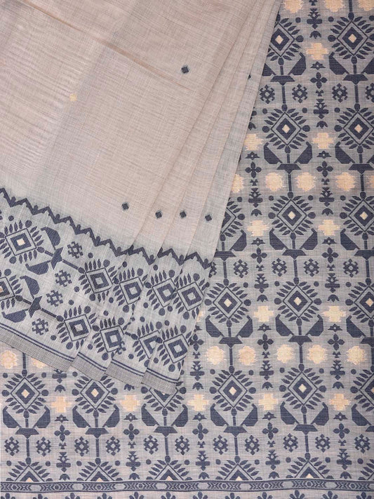 White and Dark Blue Dhakai Jamdani Cotton Viscose Saree with Border and Pallu Design dj0244