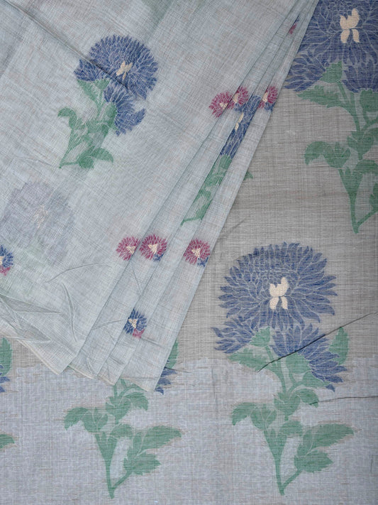 Light Blue Dhakai Jamdani Cotton Viscose Saree with Floral Buta and Pallu Design dj0246