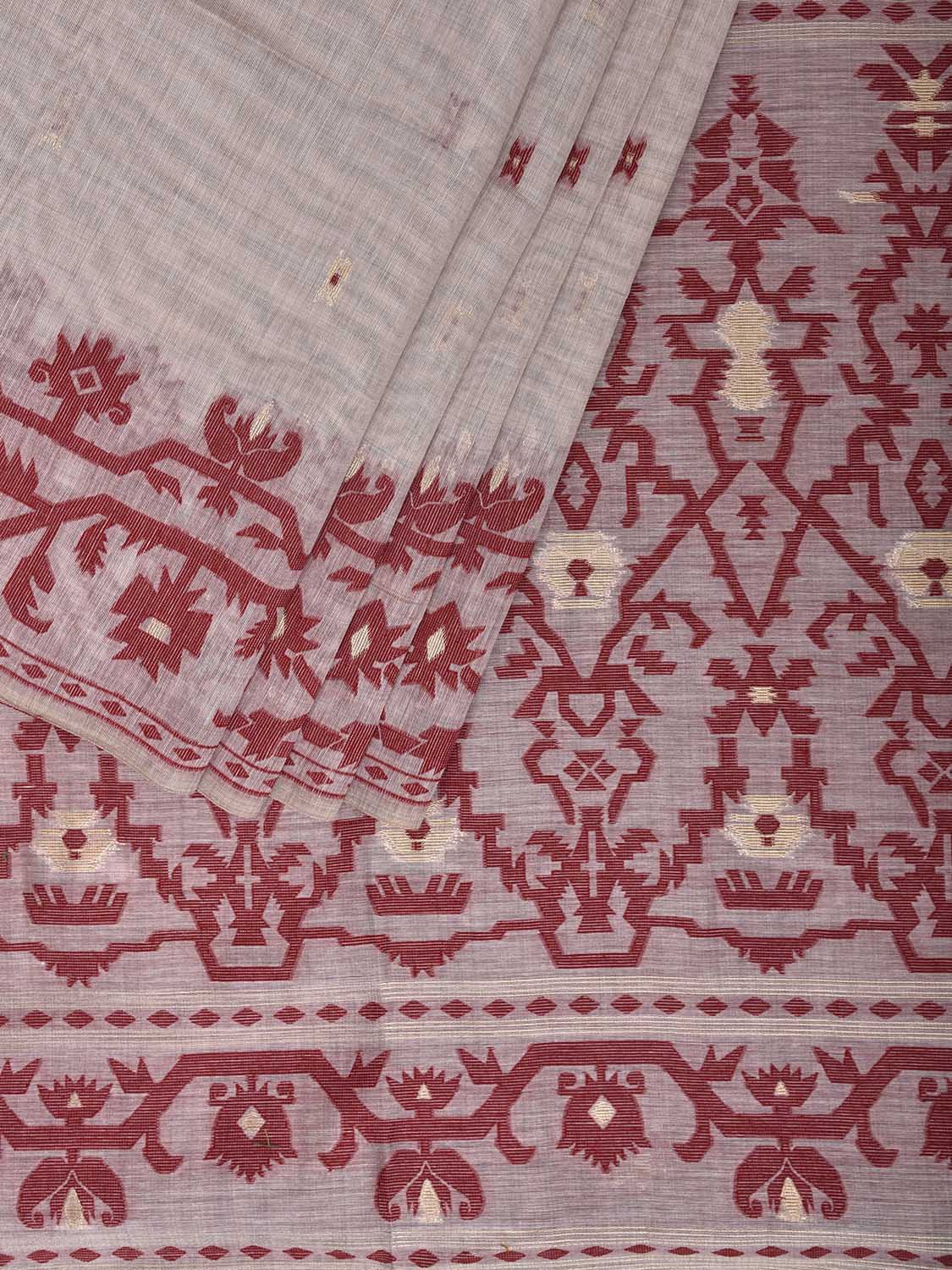 Beige and Dark Red Dhakai Jamdani Cotton Viscose Saree with Border and Pallu Design dj0247