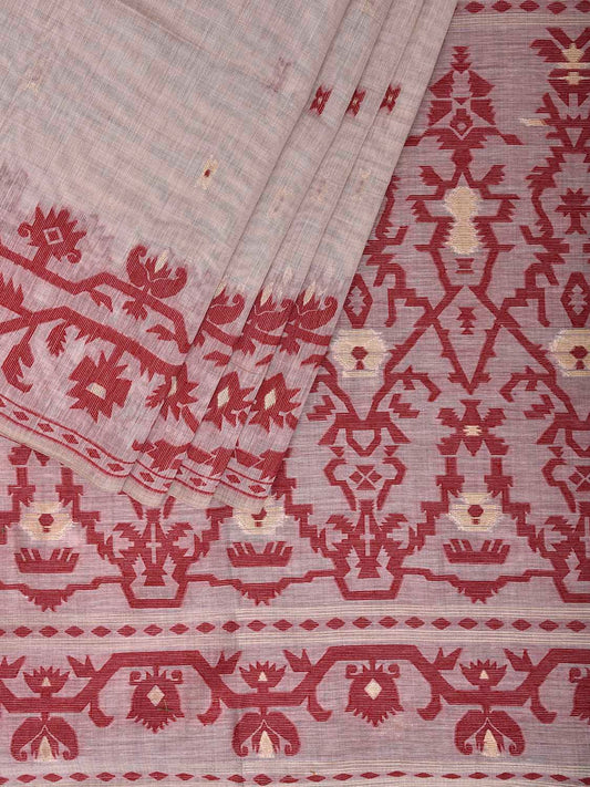 Beige and Dark Red Dhakai Jamdani Cotton Viscose Saree with Border and Pallu Design dj0247