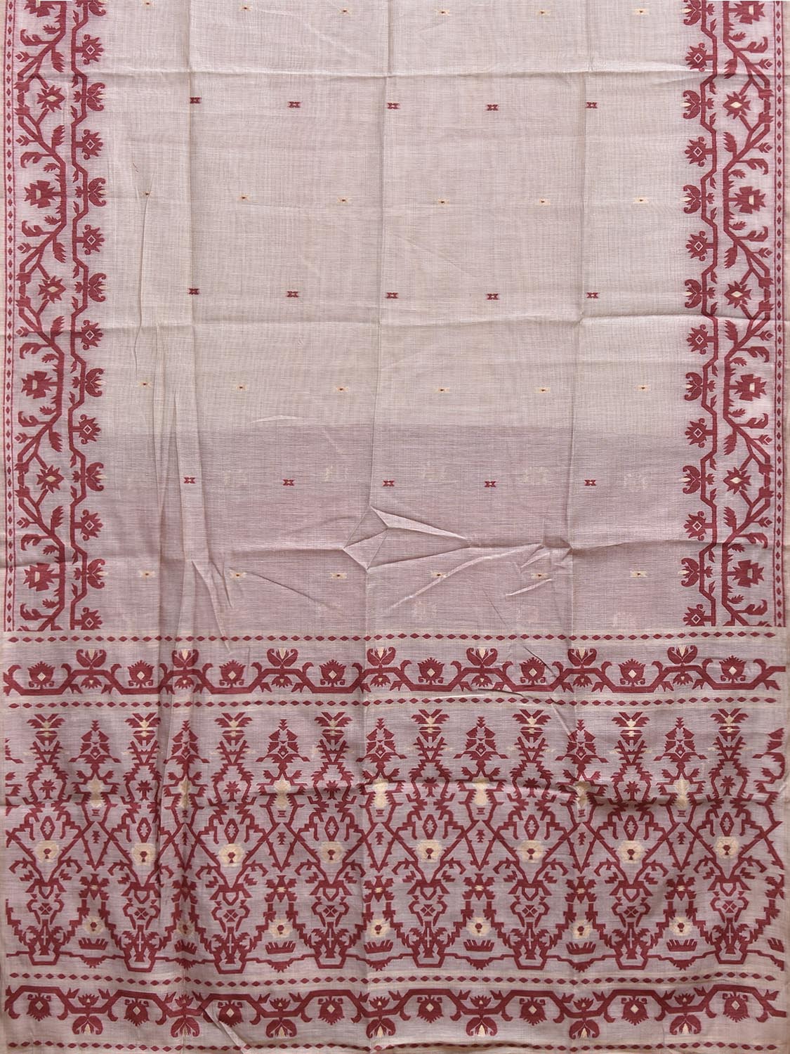 Beige and Dark Red Dhakai Jamdani Cotton Viscose Saree with Border and Pallu Design dj0247