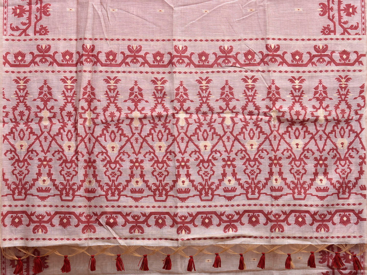 Beige and Dark Red Dhakai Jamdani Cotton Viscose Saree with Border and Pallu Design dj0247