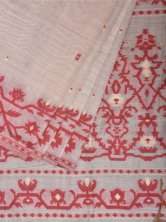 White and Red Dhakai Jamdani Cotton Viscose Saree with Border and Pallu Design dj0249