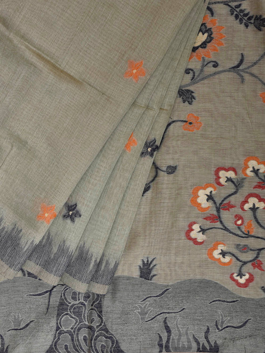 Sea Green Dhakai Jamdani Cotton Viscose Saree with Tree Pallu Design dj0250