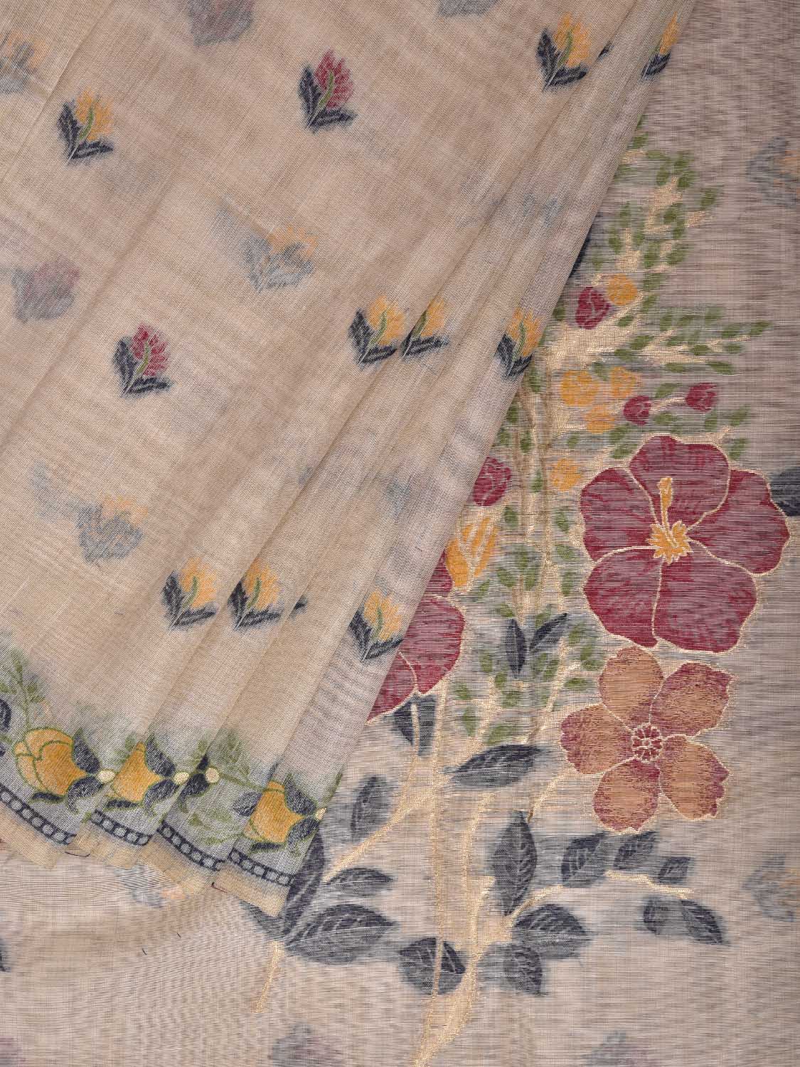 Cream Dhakai Jamdani Cotton Viscose Saree with Floral Pallu and Border Design dj0252