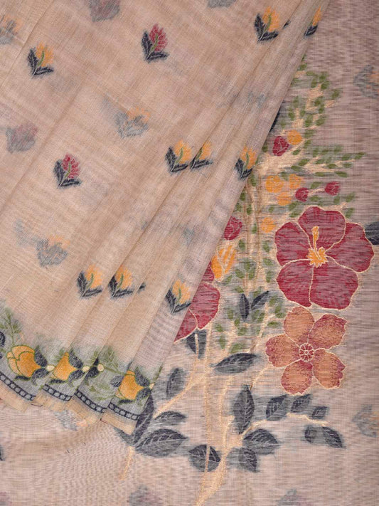 Cream Dhakai Jamdani Cotton Viscose Saree with Floral Pallu and Border Design dj0252