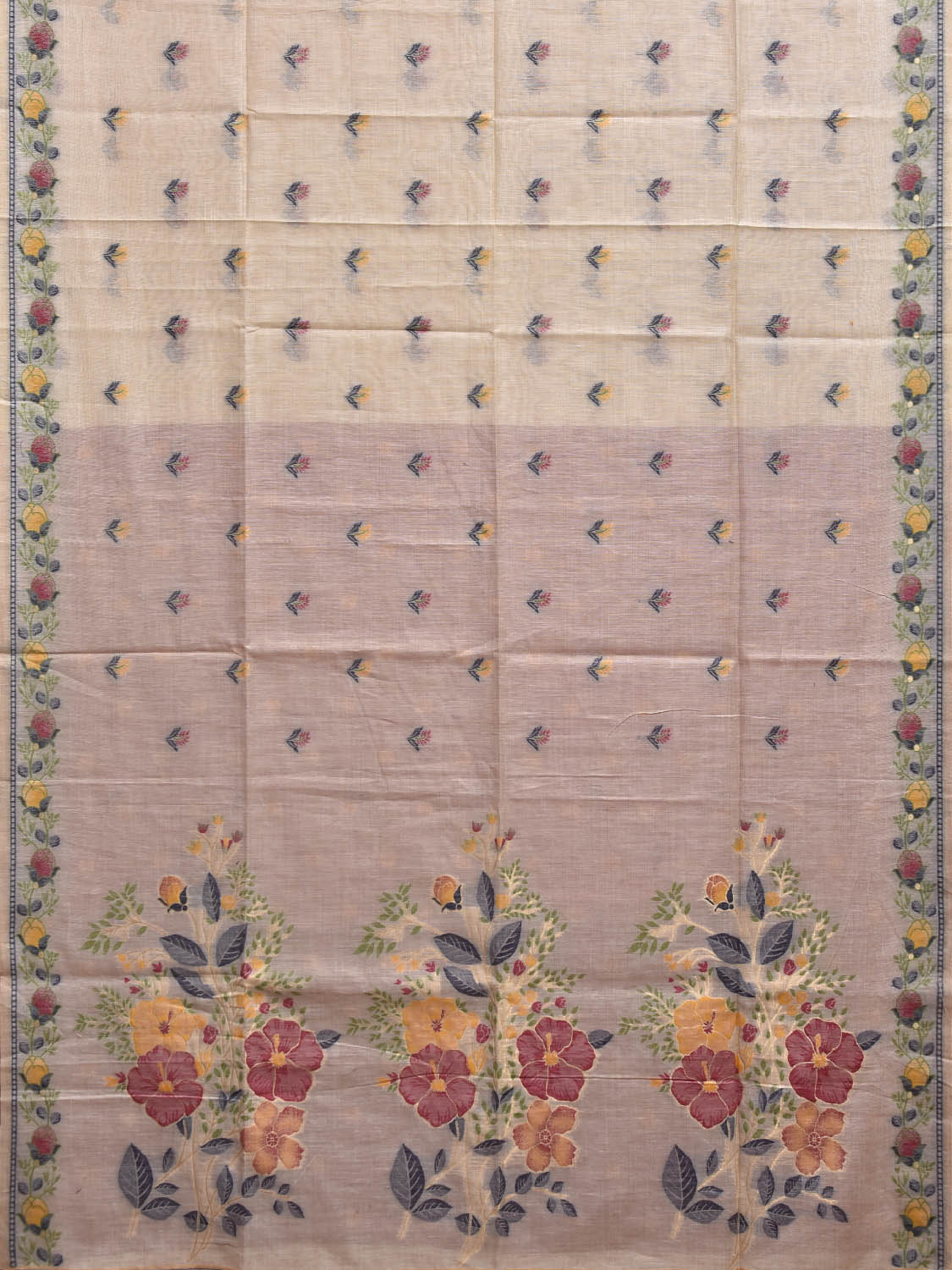 Cream Dhakai Jamdani Cotton Viscose Saree with Floral Pallu and Border Design dj0252