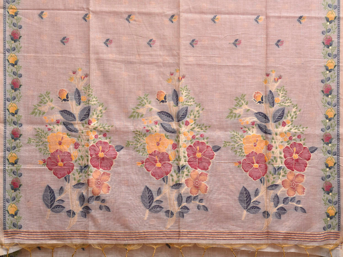 Cream Dhakai Jamdani Cotton Viscose Saree with Floral Pallu and Border Design dj0252