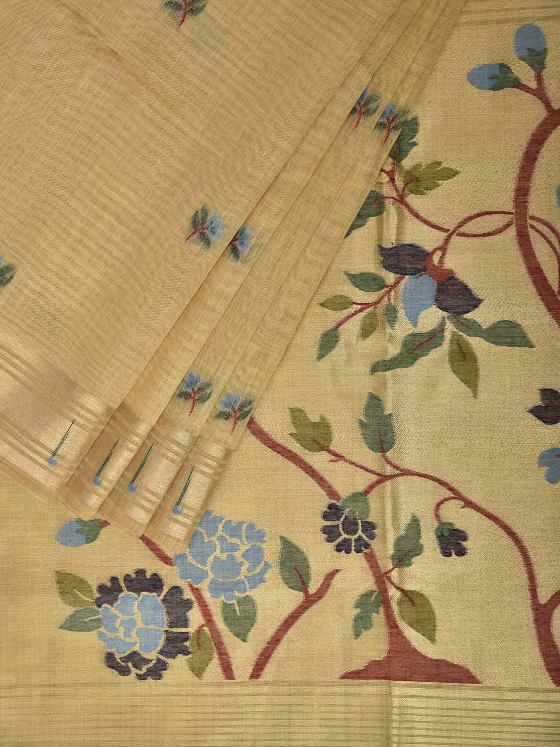 Yellow Dhakai Jamdani Cotton Viscose Saree with Tree and Bird Pallu Design dj0253