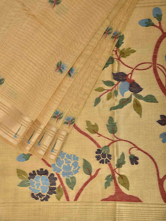 Yellow Dhakai Jamdani Cotton Viscose Saree with Tree and Bird Pallu Design dj0253