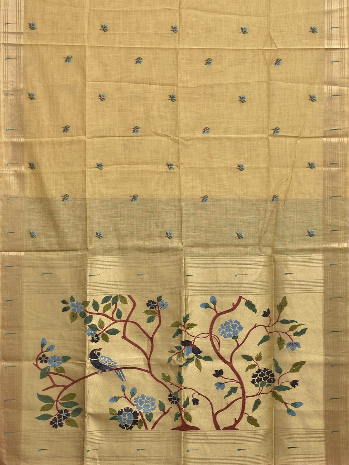 Yellow Dhakai Jamdani Cotton Viscose Saree with Tree and Bird Pallu Design dj0253