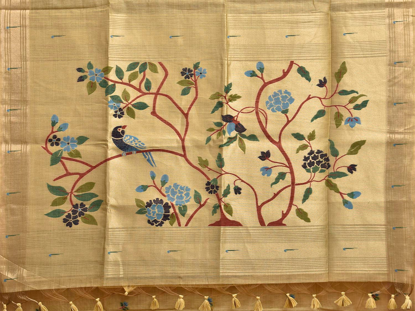 Yellow Dhakai Jamdani Cotton Viscose Saree with Tree and Bird Pallu Design dj0253